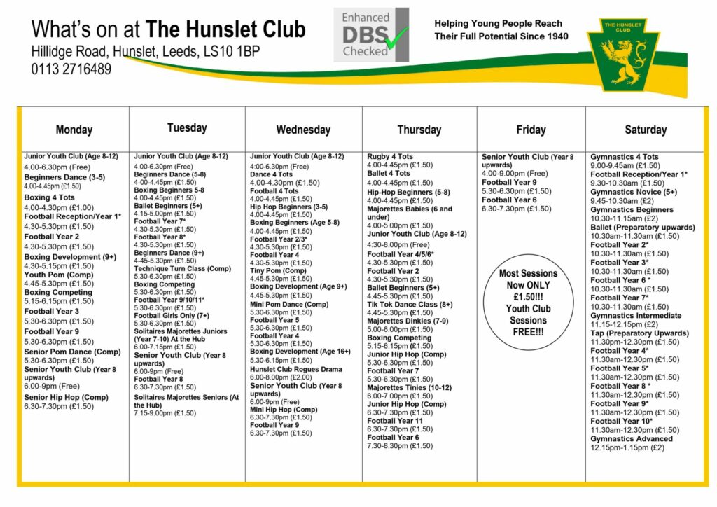 New Hunslet Club 2023 Timetable
