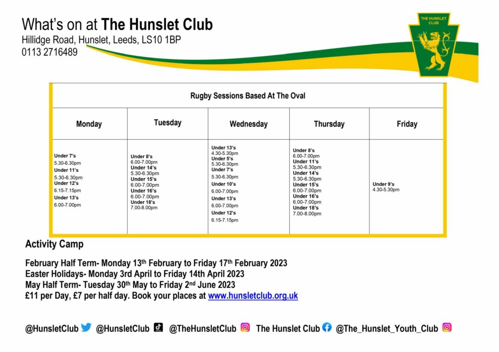 New Hunslet Club Rugby Timetable