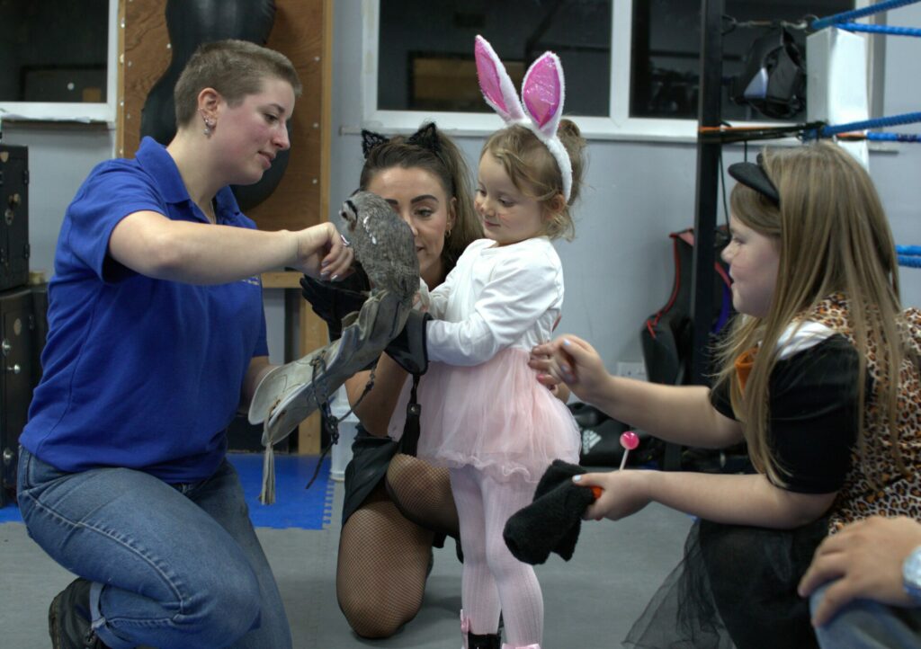A young person dressed like a ballerina bunny, holding an owl, while people watch. 